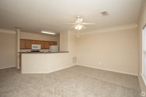 Spacious open concept living space with ceiling fan at The Columns at Oakwood, GA 30566